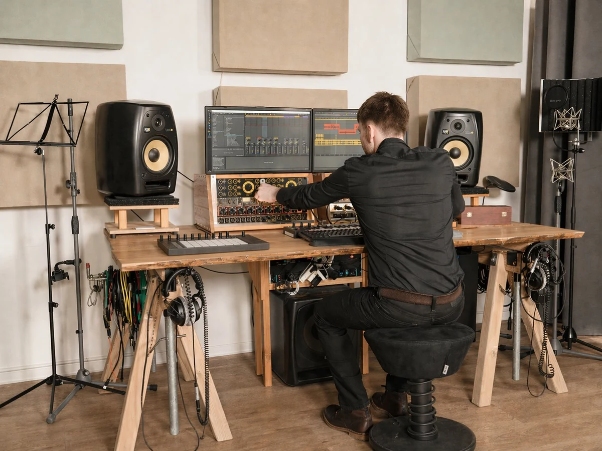 Produktionsplatz mit Monitoren und Synthesizer im Tonstudio Leipzig